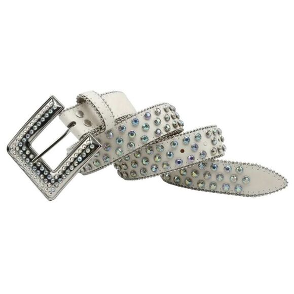 Men’s White Diamond Rhinestone Leather Square Buckle Belt Size 42 - Picture 4 of 6